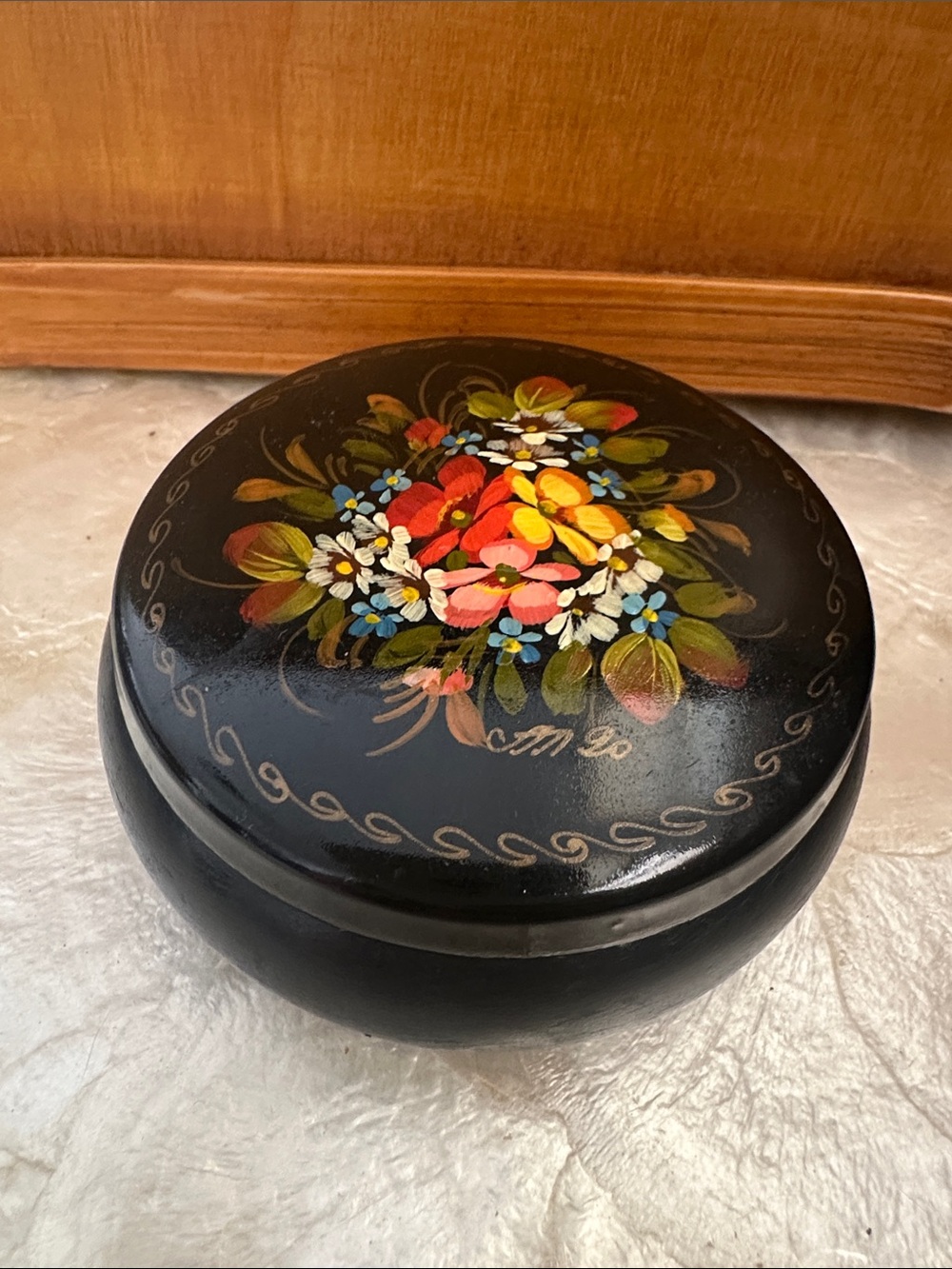 Vintage Russian Black Floral Hand-Painted Trinket Box